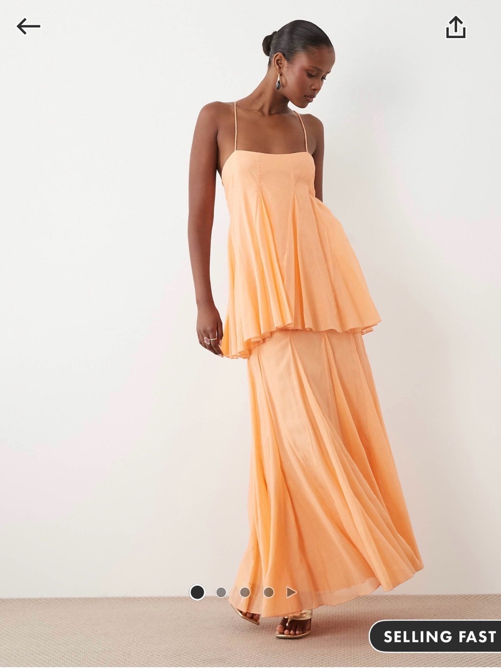 ASOS DESIGN tiered cami maxi dress with godet full hem skirt in light coral